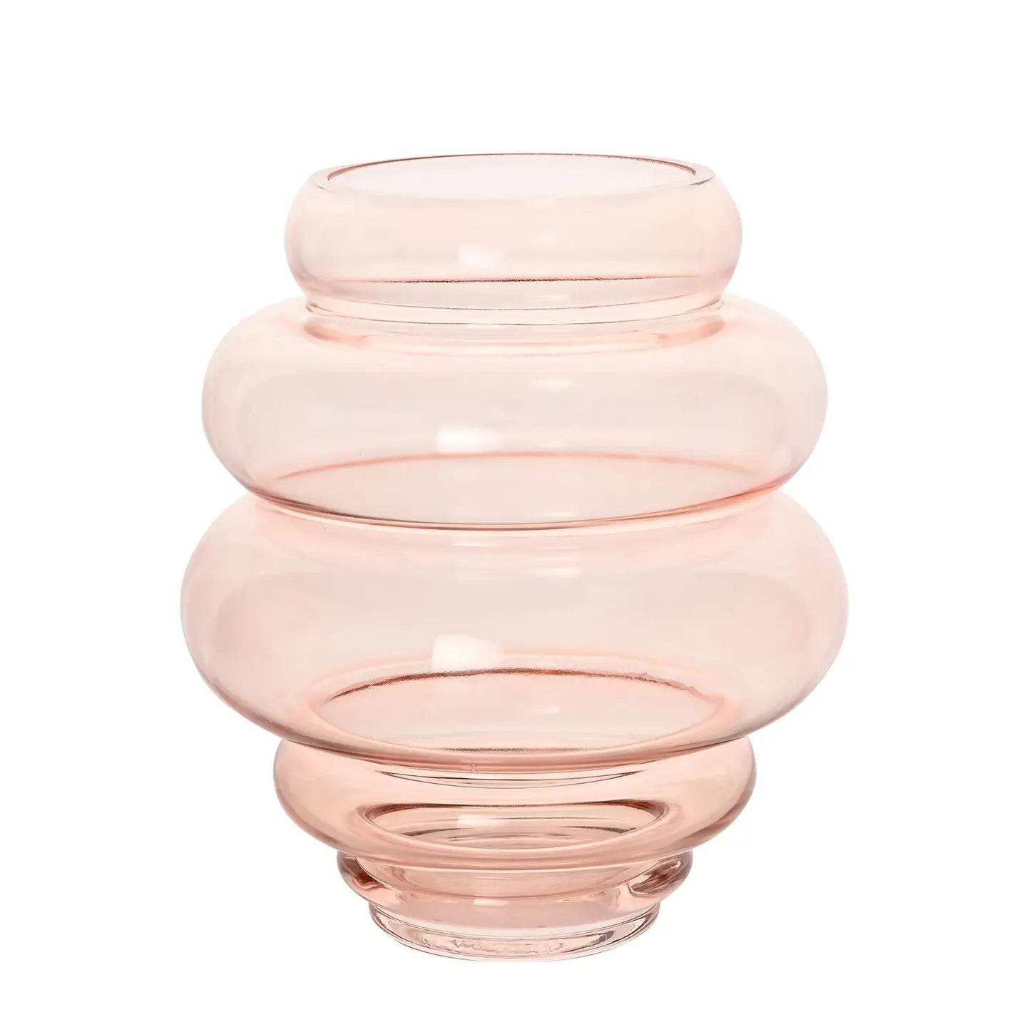 Vaas van roze glas. Taps toelopend. Ronde vormen.