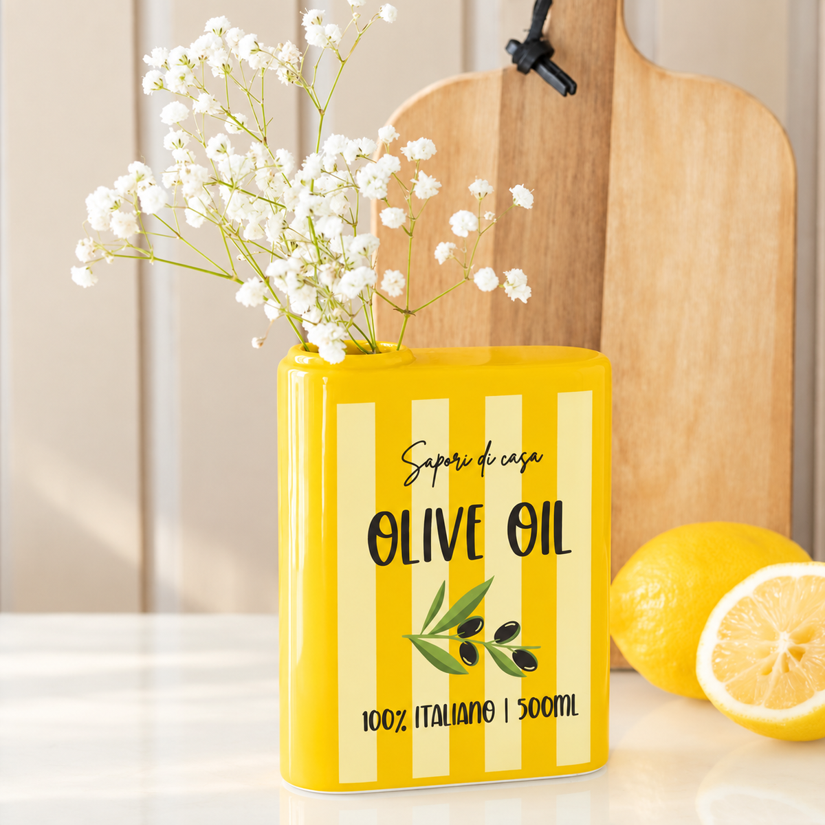 Keramieken Vaas Olive Oil Geel – Italiaans Olijfolieblik 13 cm
