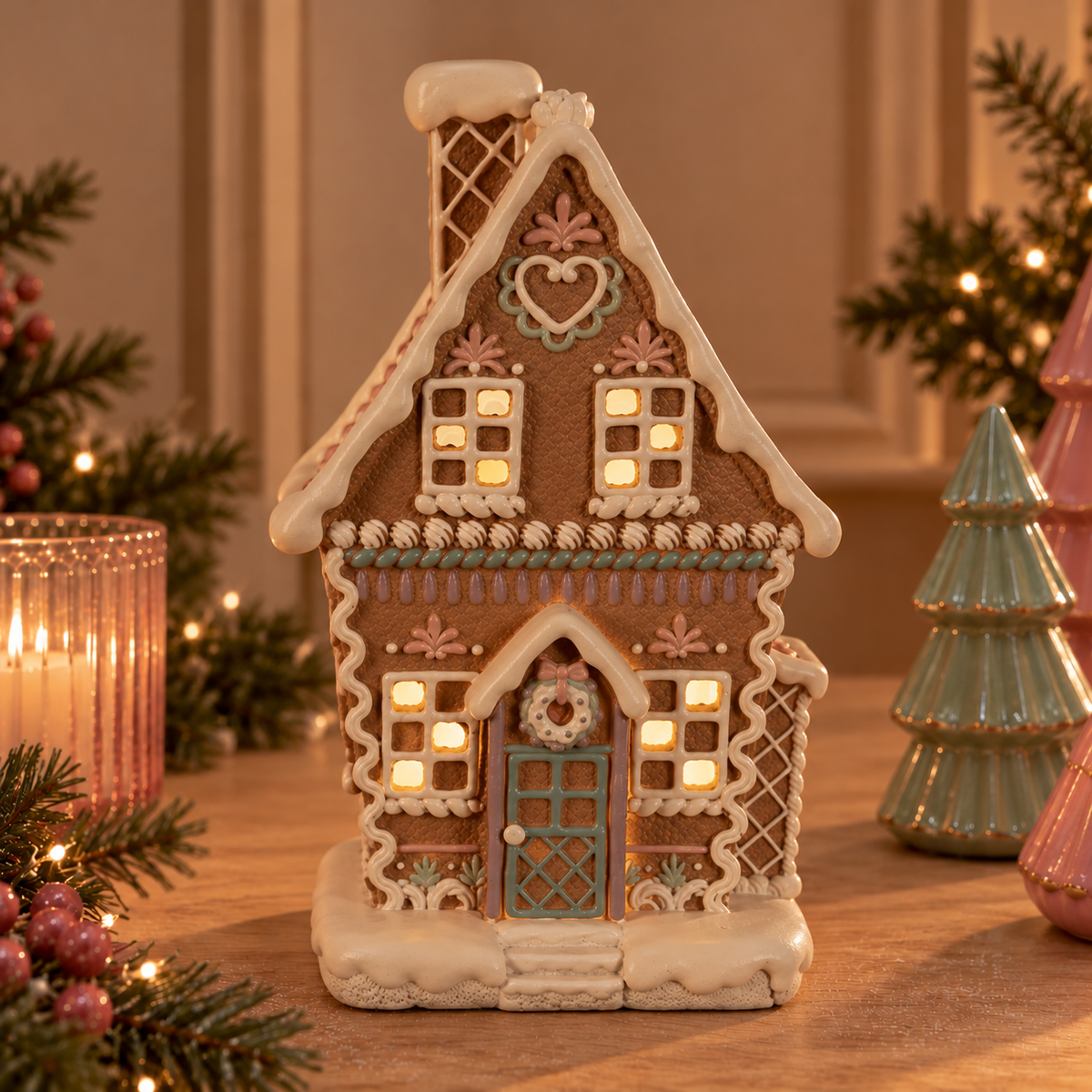 LED Peperkoekhuisje met Hartje 20 cm | Verlicht Kersthuisje van Polyresin in Pastel en Peperkoek