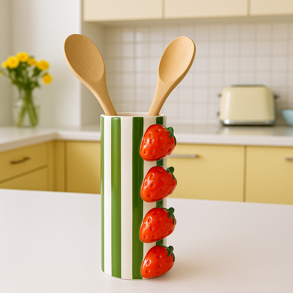 Vaas aardbei. Groen met witte strepen en 3D aardbeien. Pot voor keukengerei