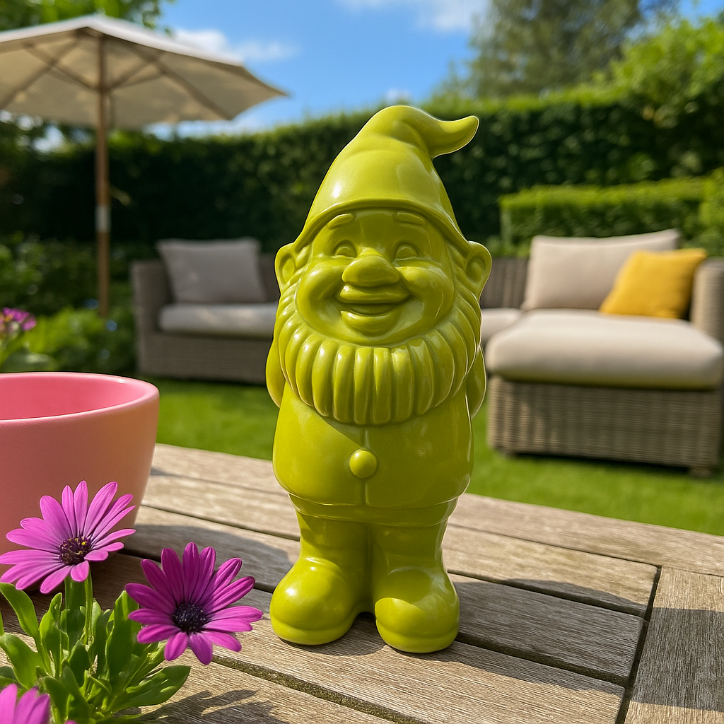 Vrolijke tuinkabouter. Groen keramiek. 35 cm