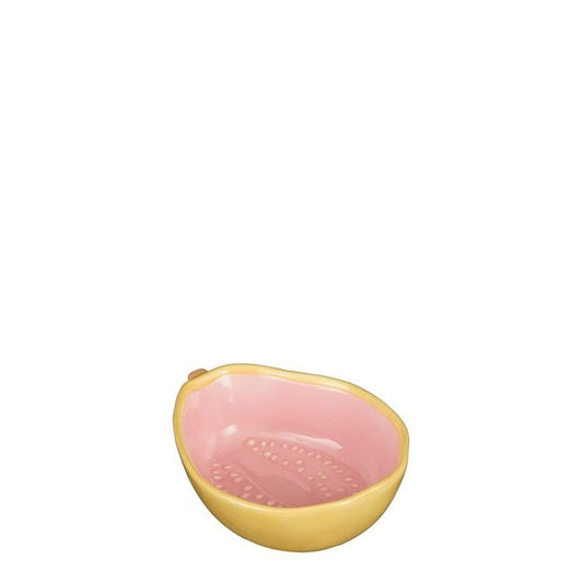 Schaal in de vorm van guave fruit. Serveerschaal. Roze en geel