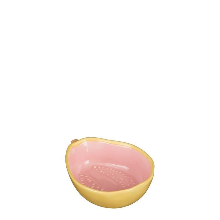 Schaal in de vorm van guave fruit. Serveerschaal. Roze en geel