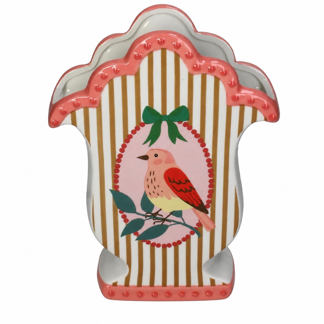 Keramieken Bird Vaas met Vogeltje – Roze met Beige Gestreepte Bloemenvaas – 21 cm