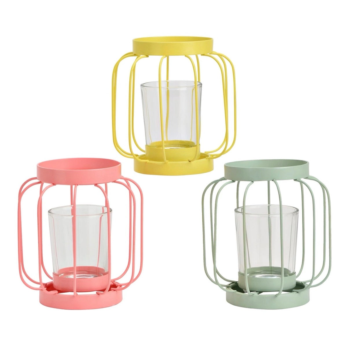 Windlicht Metaal & Glas – Kleurrijke Lantaarn Roze, Mint & Geel 12 cm