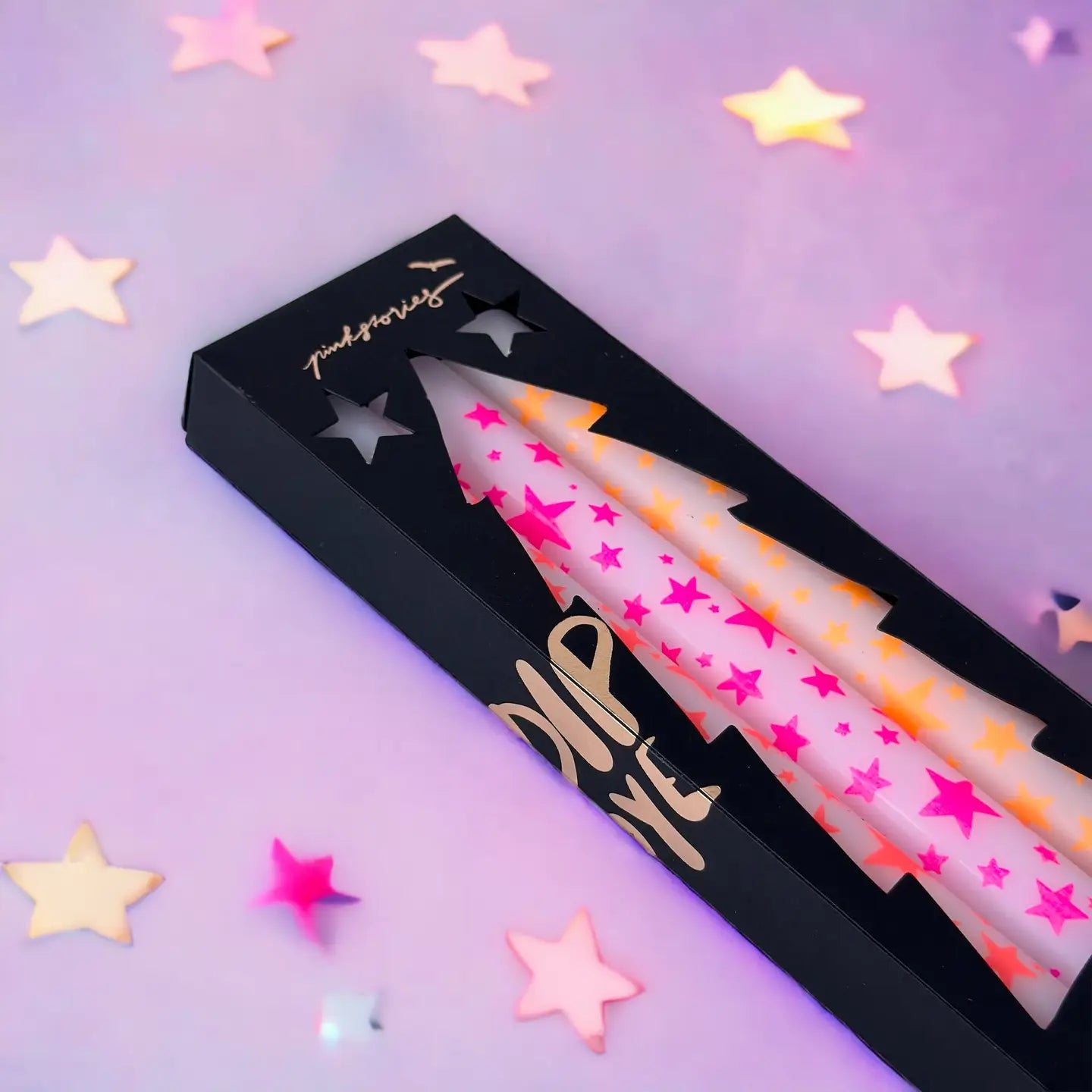 Set van 3 kerstkaarsen met neon sterren