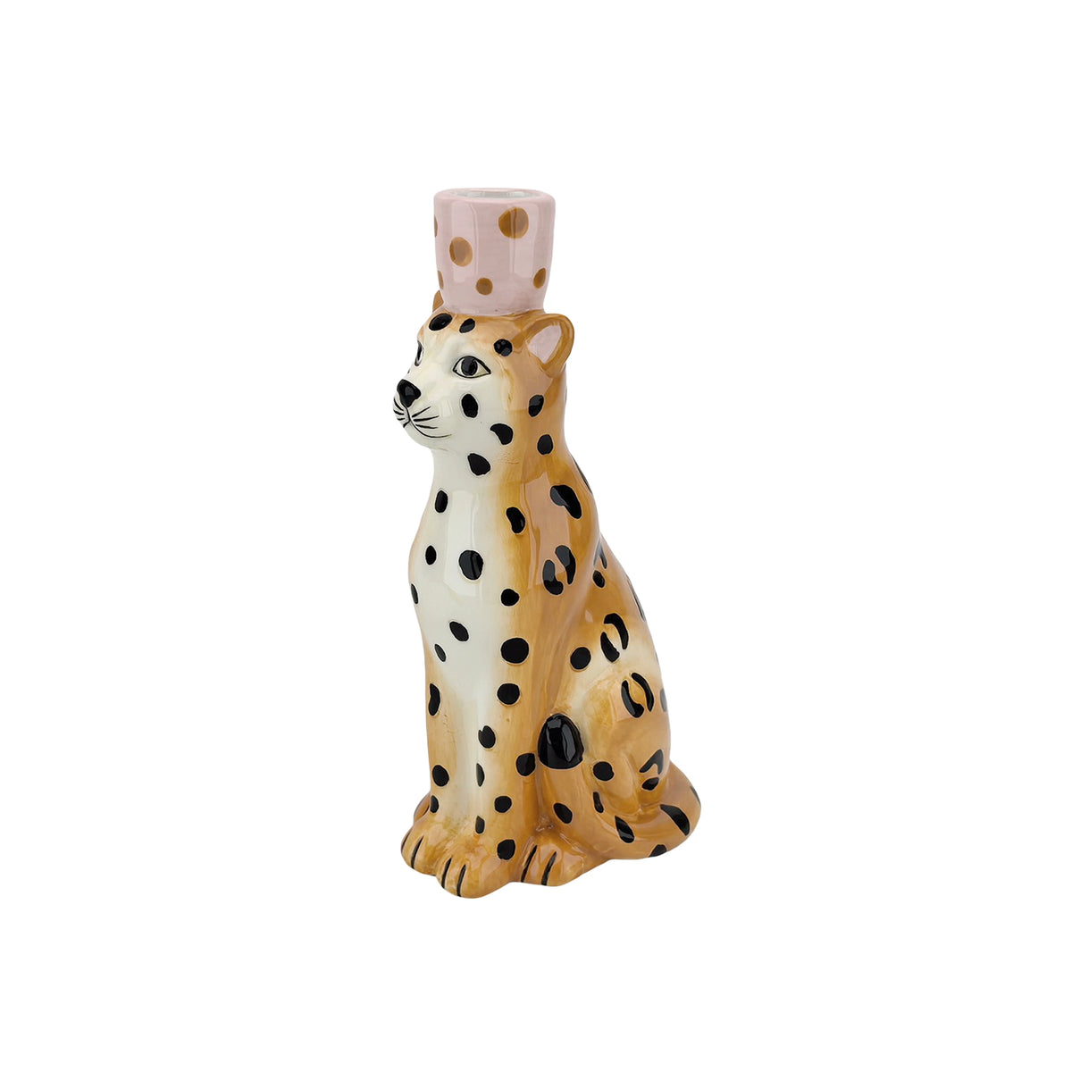 Panter Kandelaar Faience 19 cm | Luipaard Kaarshouder voor Dinerkaars, Oker met Roze