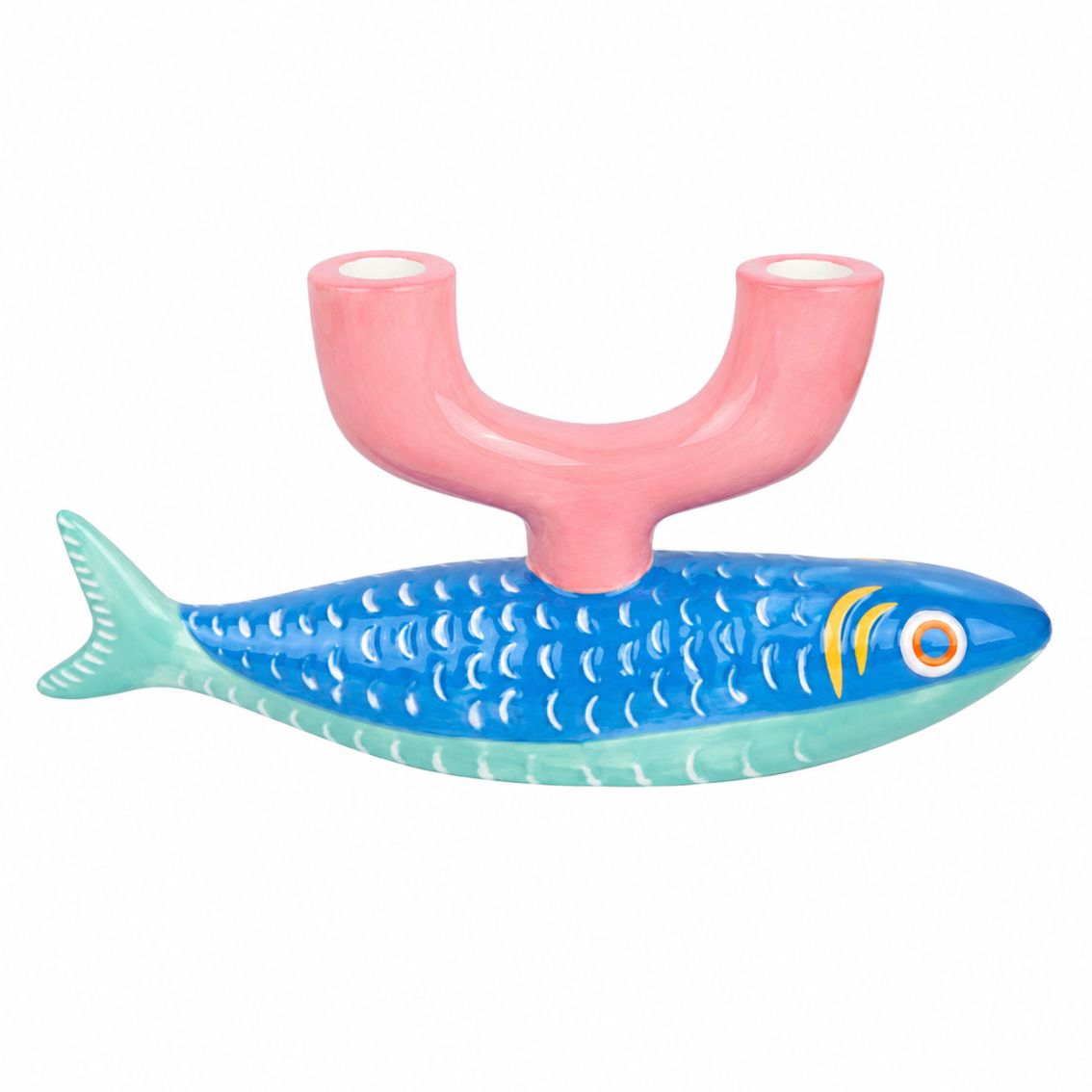 Sardine Kandelaar Keramiek Blauw en Roze | Vis Kaarshouder voor 2 Dinerkaarsen 23,5 cm