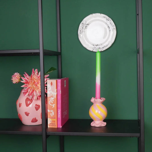 Kandelaar Toffee. Roze met geel. Geschikt voor een dinerkaars