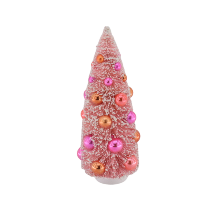 Sisal roze kerstboompje met roze en oranje ballen