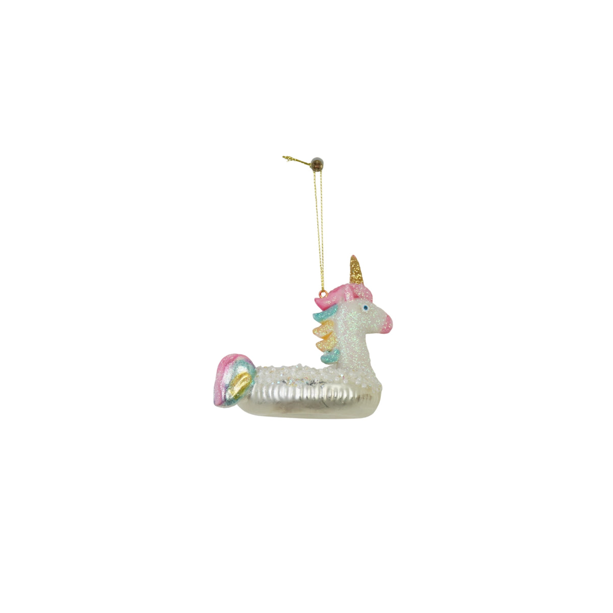 Kersthanger Eenhoorn Zwemband | Glazen Kerstornament met Glitter en Regenboogmanen