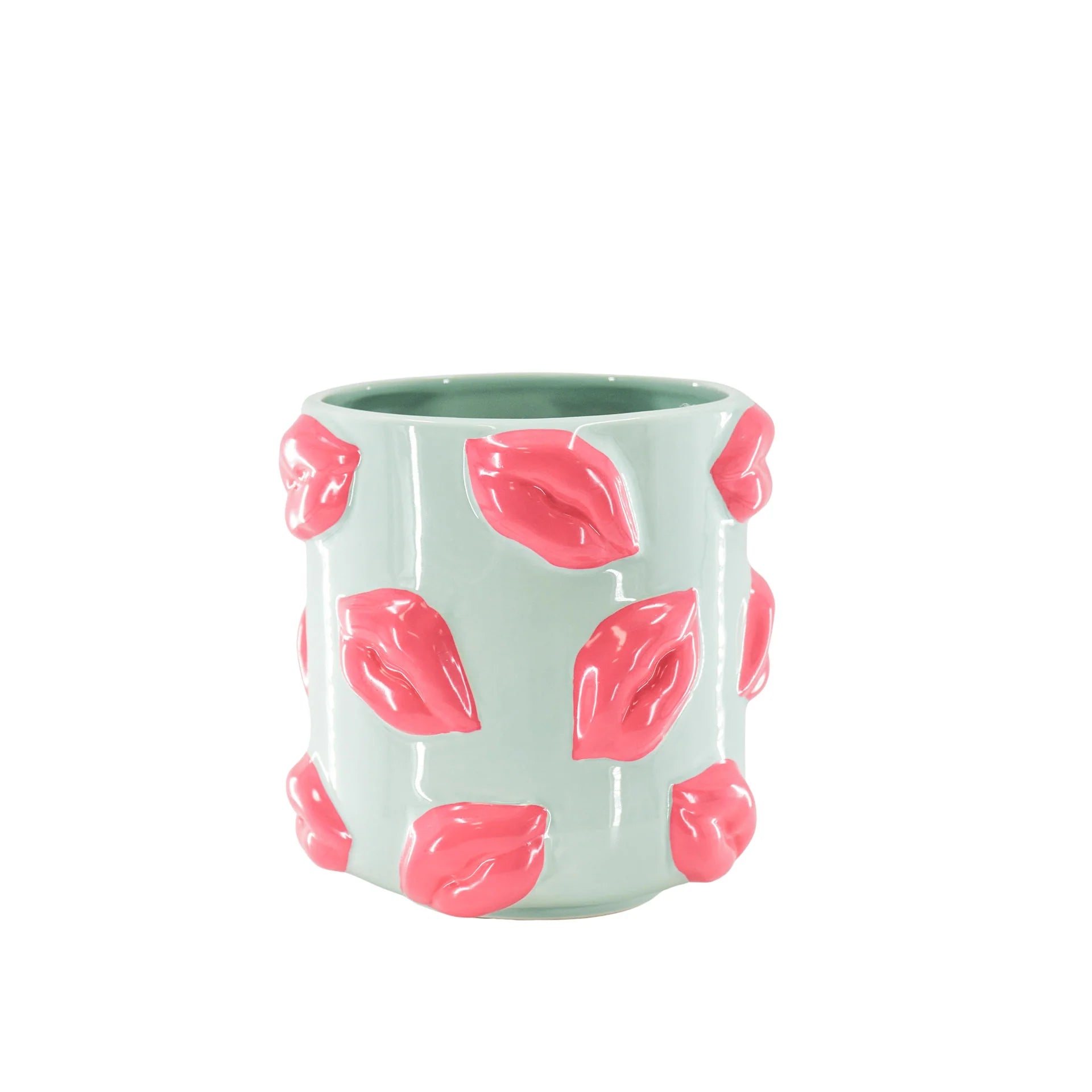 Bloempot Kisses. Plantenpot met lippen in mint met felroze. Keramiek