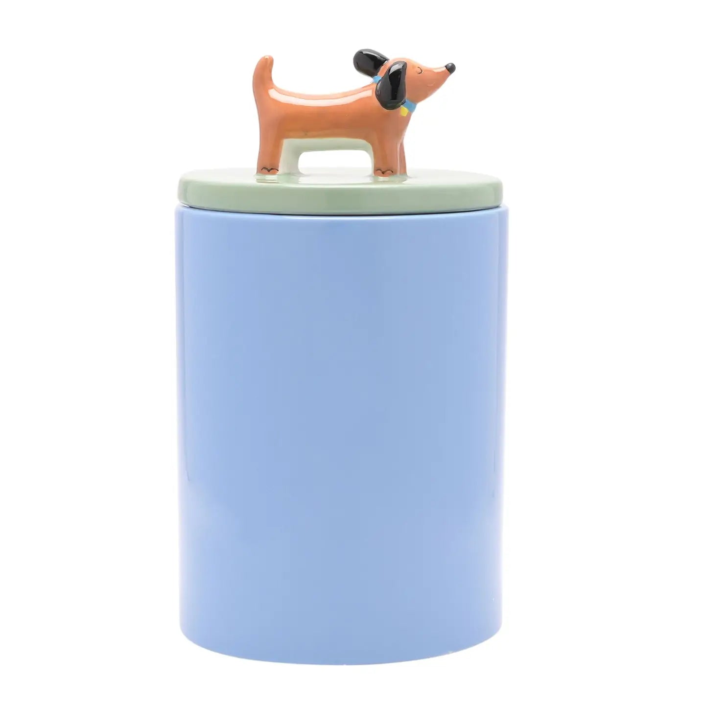 Dog treat jar. Pot voor hondenkoekjes. Blauw met groene deksel en hondje erop