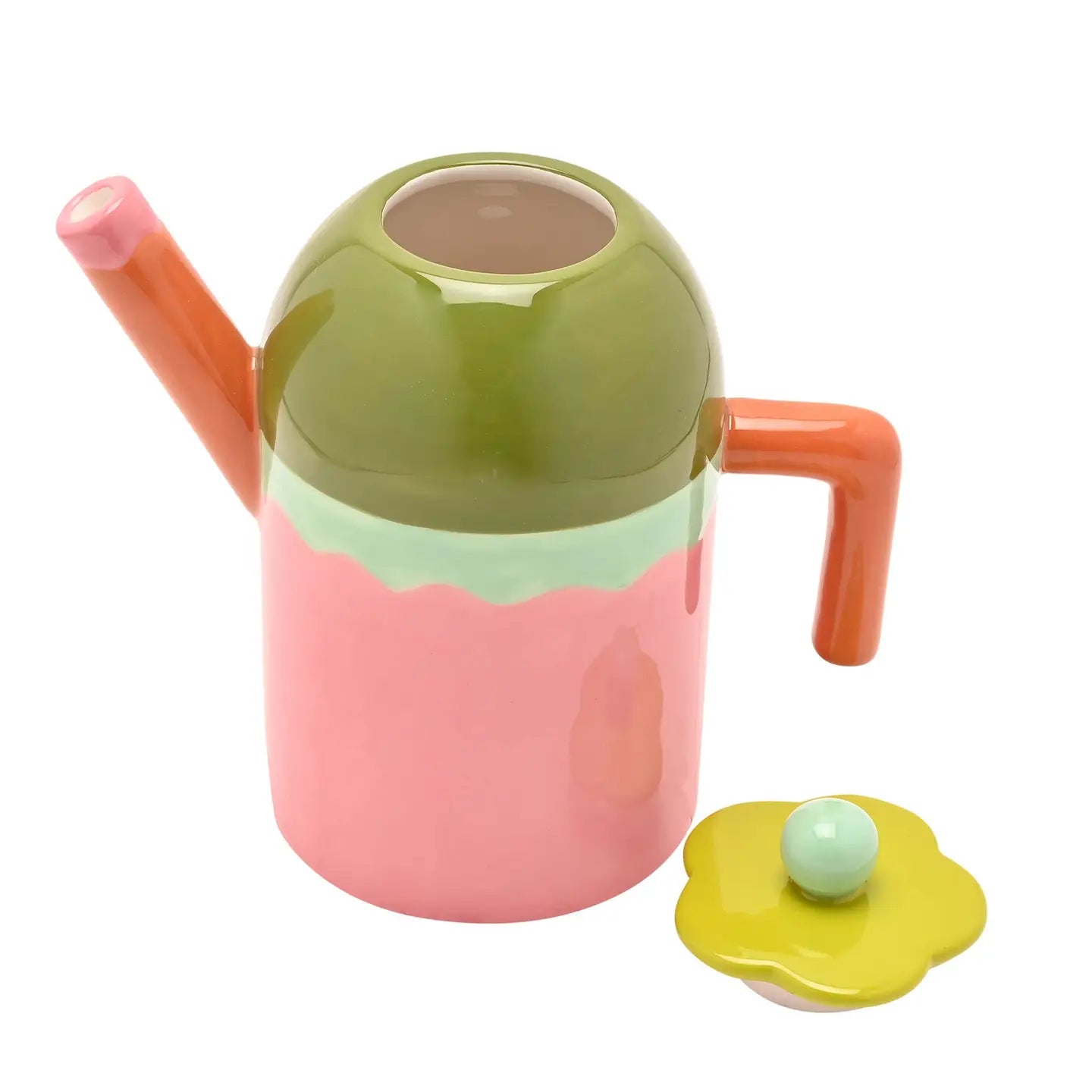 Kleurrijke theepot met bloemdeksel. Keramiek