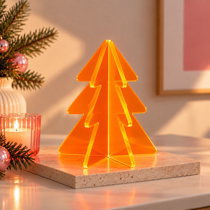 3D Kerstboompje Plexiglas Neon Roze of Neon Geel 10 cm | Moderne Mini Kerstboom Tafeldecoratie
