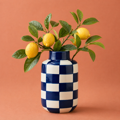 Keramieken Vaas 15 cm – Blauw en wit geruit