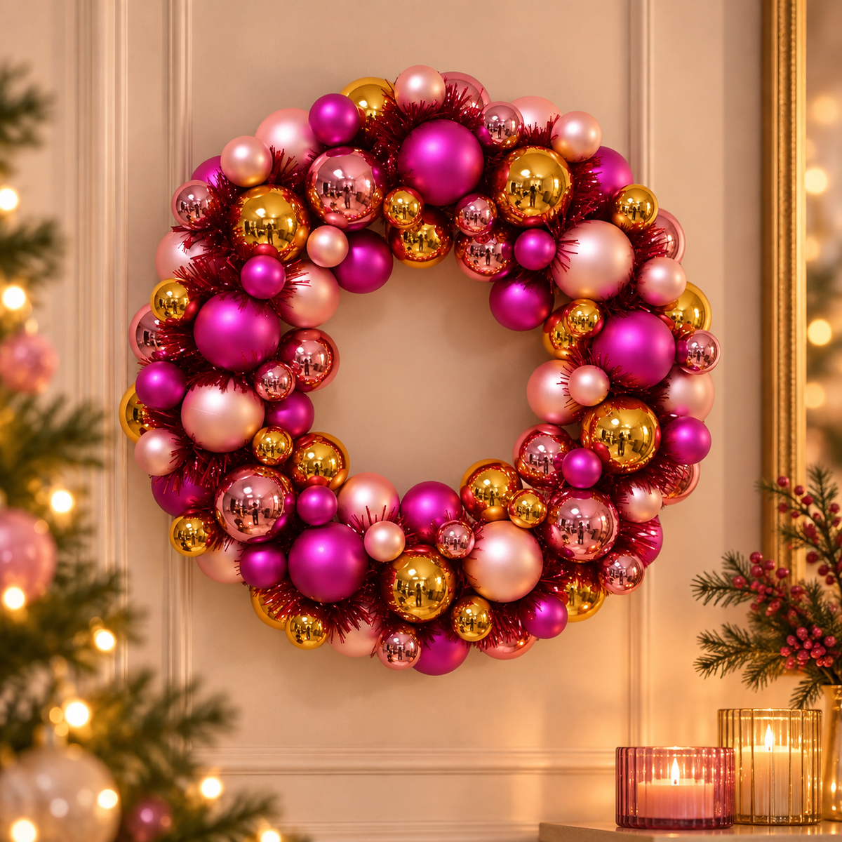 Kerstkrans van Kerstballen Roze en Goud 34 cm | Onbreekbare Krans voor Deur en Wand