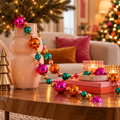 Kerstslinger met Kerstballen 210 cm | Kleurrijke Discobal Slinger Roze, Oranje en Turquoise van Gerecycled Kunststof