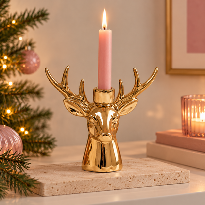 Rendier Kandelaar Roze of Goud Keramiek | Kerst Kaarshouder voor Dinerkaars 11 cm