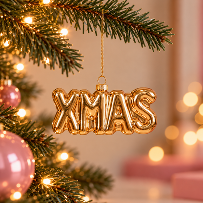 Kersthanger XMAS Gouden Ballonletters | Glazen Kerstornament met Tekst, Folieballon Look