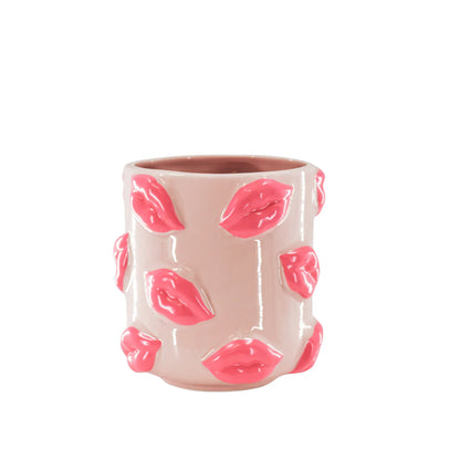 Bloempot Kisses. Pot met lippen. Roze met felroze. 