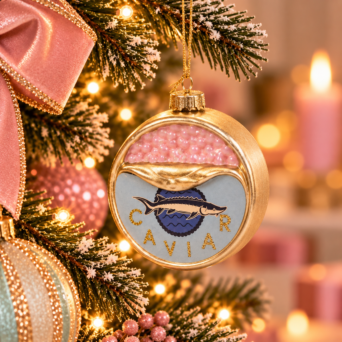Kersthanger Kaviaar Blikje Goud | Glazen Kerstornament met Roze Kaviaar en Glitterletters