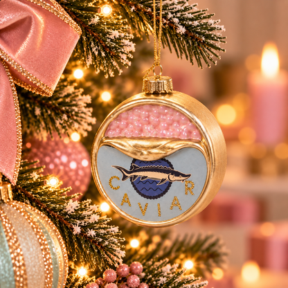Kersthanger Kaviaar Blikje Goud | Glazen Kerstornament met Roze Kaviaar en Glitterletters