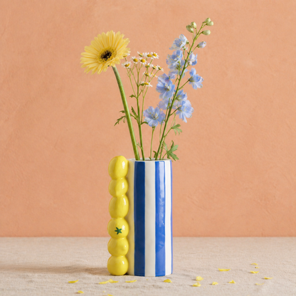 Blauw/wit gestreepte vaas met citroenen - Keramische designvaas