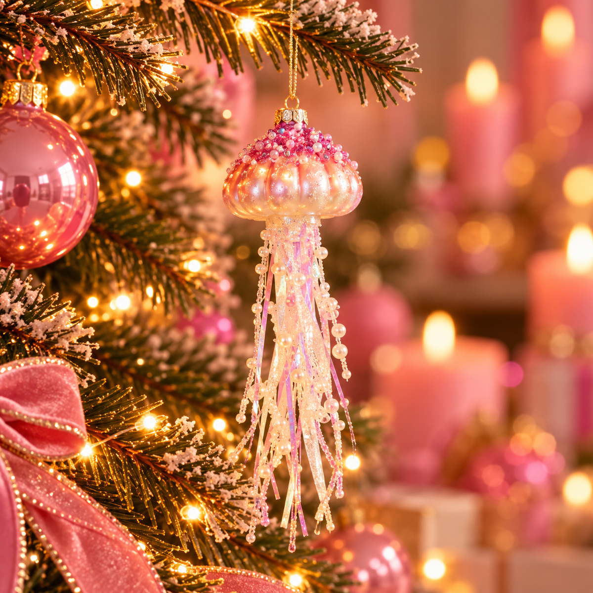 Kersthanger Kwal Roze 25 cm | Glazen Kerstornament met Parels en Iriserende Tentakels