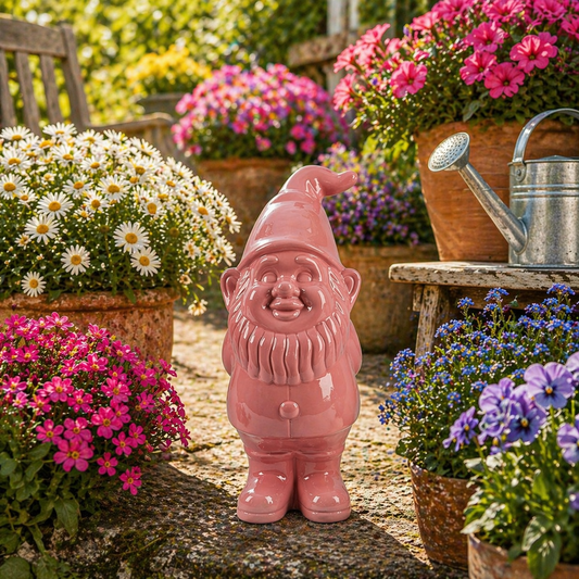 Keramieken Tuinkabouter 25 cm – Kleurrijke Tuindecoratie in 7 Kleuren (Roze)