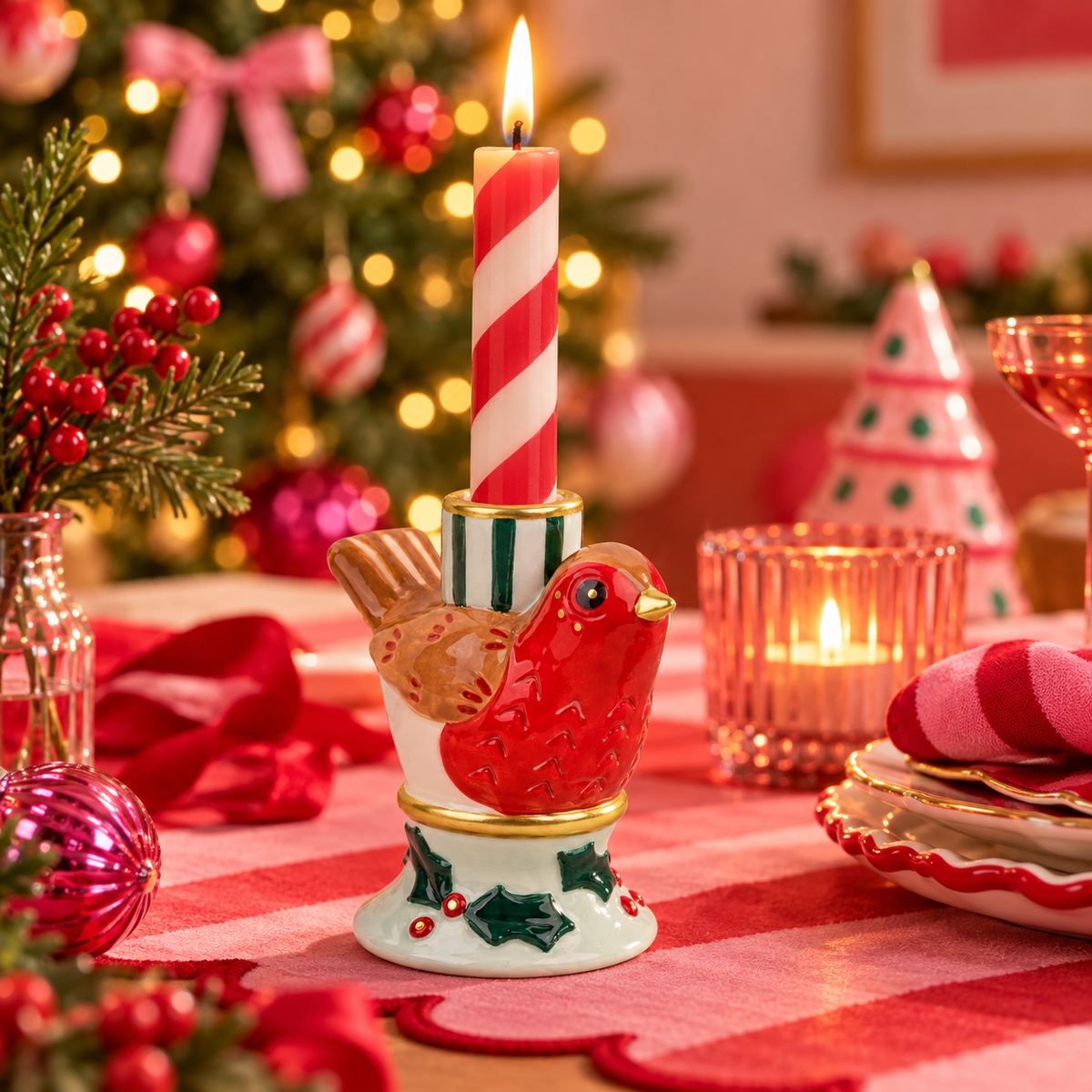 Kandelaar Roodborstje Keramiek Handgeschilderd 13 cm | Kerst Kaarshouder voor Dinerkaars
