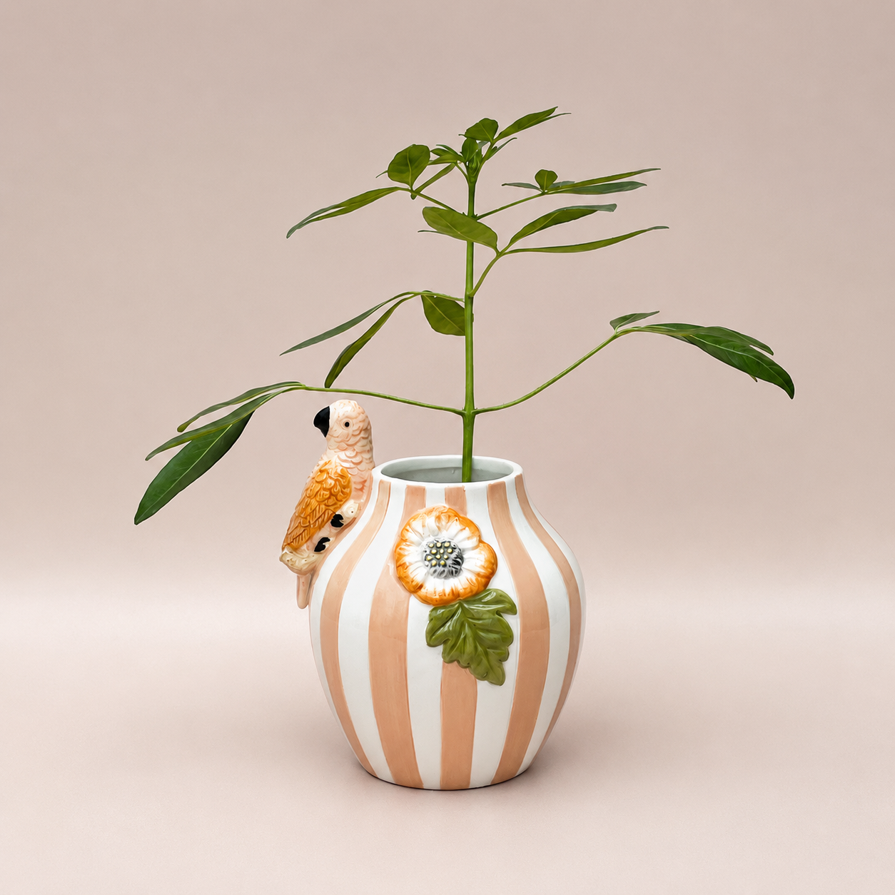 Papegaai Vaas Zachtroze - Faience Keramiek 18 cm