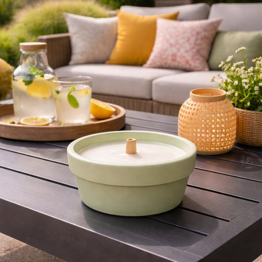 Citronella kaars in aardewerk pot – buitenkaars – terra, lila & lichtgroen Ø12 cm
