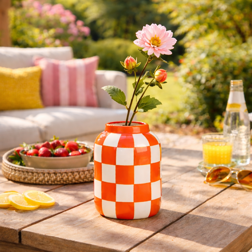 Keramieken Vaas Oranje Geruit – 12 cm