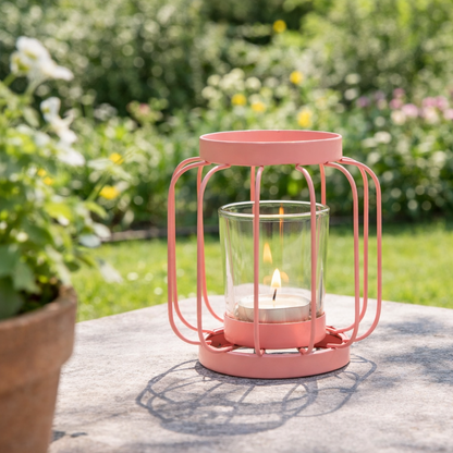 Windlicht Metaal & Glas – Kleurrijke Lantaarn Roze, Mint & Geel 12 cm (Roze)