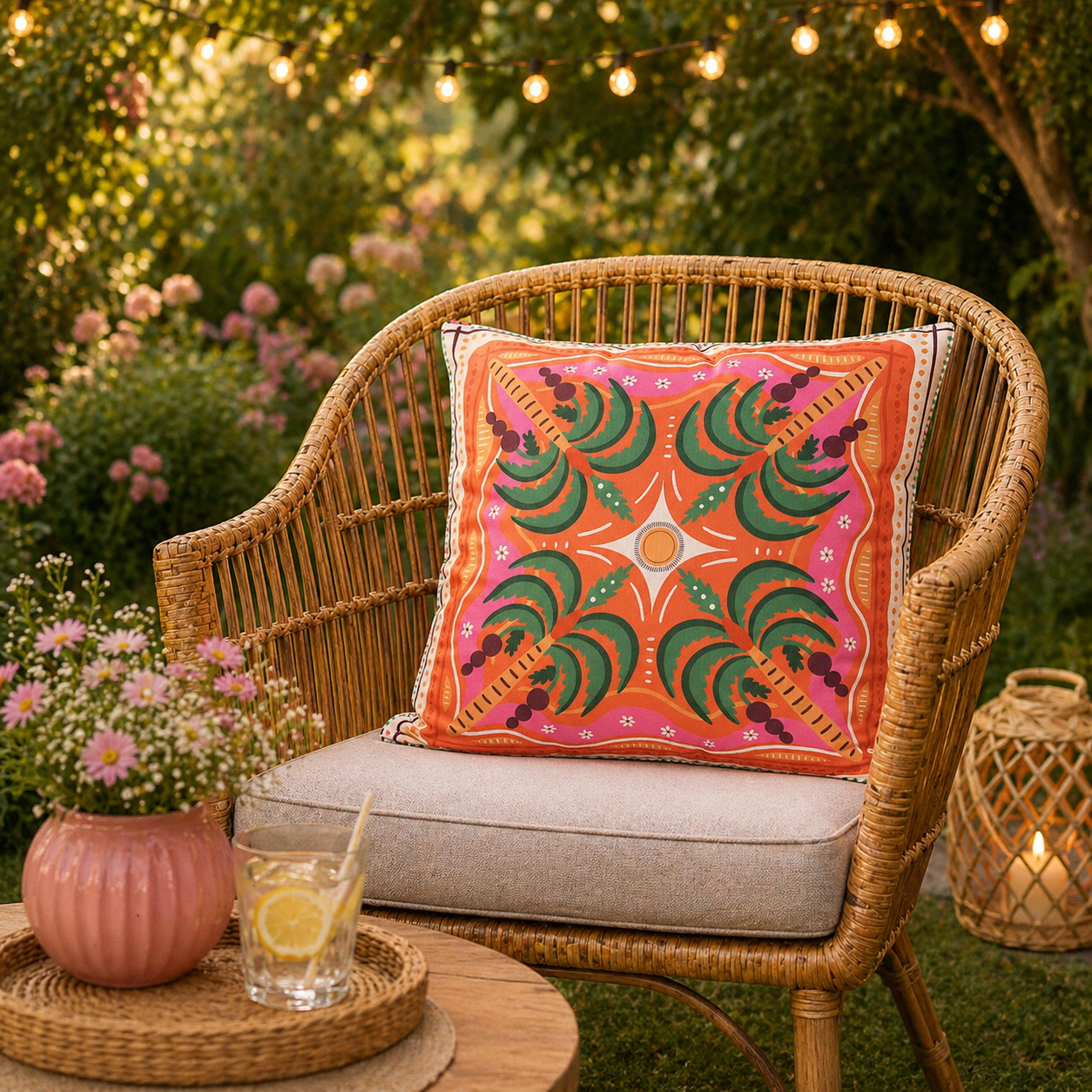 Buitenkussen Palmboom 45x45 cm – Kleurrijk Tuinkussen voor Buiten in Roze, Oranje & Groen