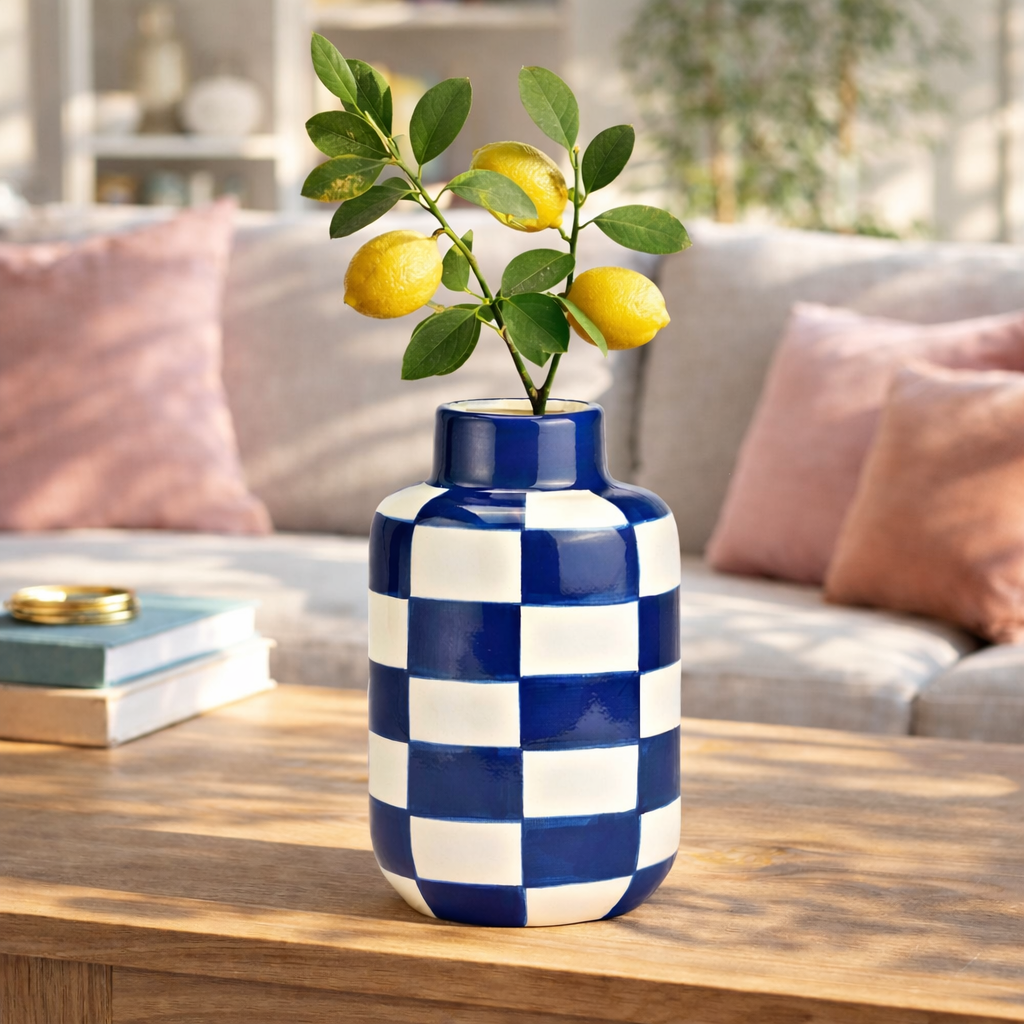 Keramieken Vaas 15 cm – Blauw en wit geruit