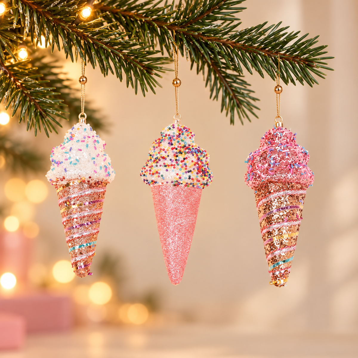 Kersthangers IJshoorntjes Set van 3 | Onbreekbare Kerstornamenten met Glitter en Discodip