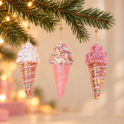 Kersthangers IJshoorntjes Set van 3 | Onbreekbare Kerstornamenten met Glitter en Discodip