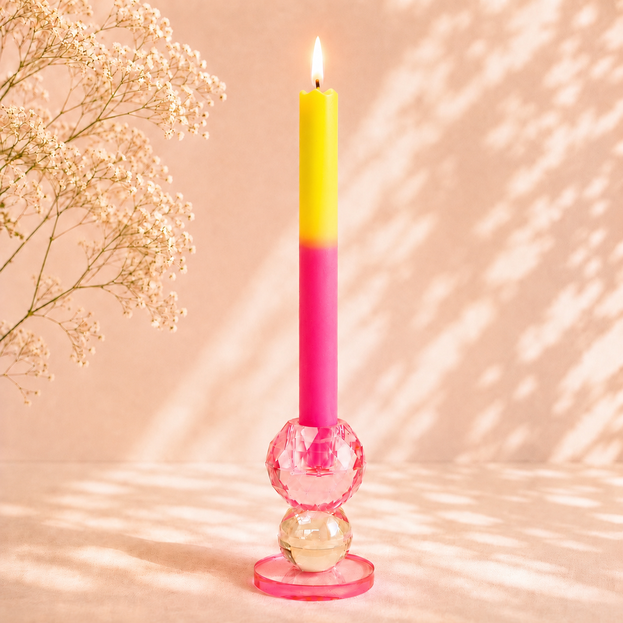 LED Dinerkaarsen Geel & Roze – Set van 2 – Handgemaakt – Timer – 25 cm