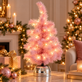 Roze Kunstkerstboom met LED-verlichting en Disco Voet 50 cm | Mini Kerstboom op Batterijen