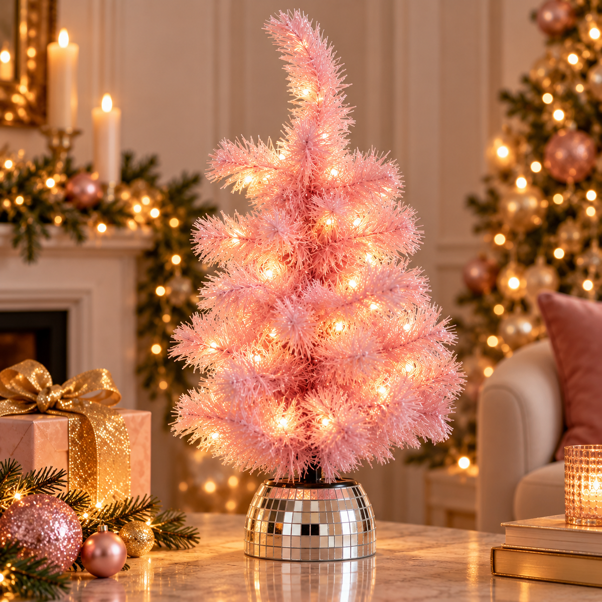 Roze Kunstkerstboom met LED-verlichting en Disco Voet 50 cm | Mini Kerstboom op Batterijen