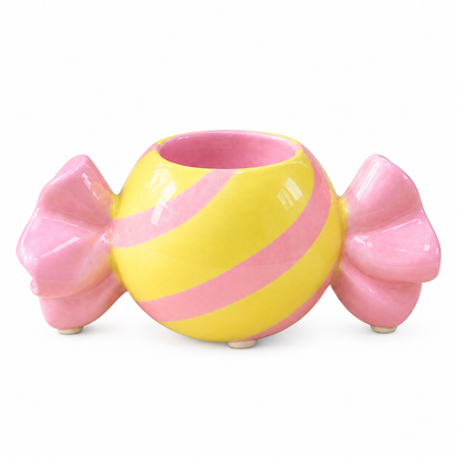 Toffee Kandelaar voor Waxinelichtje | Keramieken Snoepje Roze en Geel, Theelichthouder 14 cm