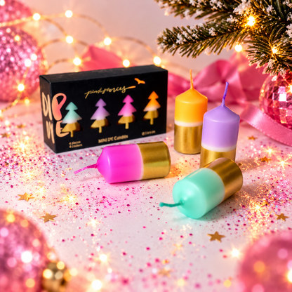 Stompkaarsen Neon met Gouden Dip Set van 4 | Mini Kerstkaarsen 8 cm in Kerstverpakking, Vegan