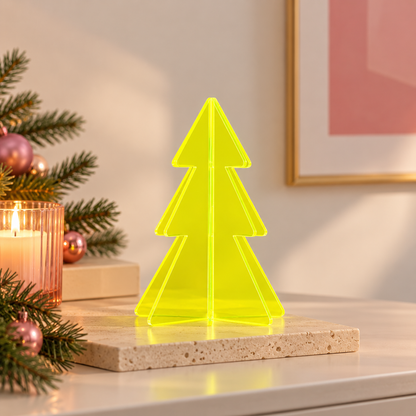 3D Kerstboompje Plexiglas Neon Roze of Neon Geel 10 cm | Moderne Mini Kerstboom Tafeldecoratie