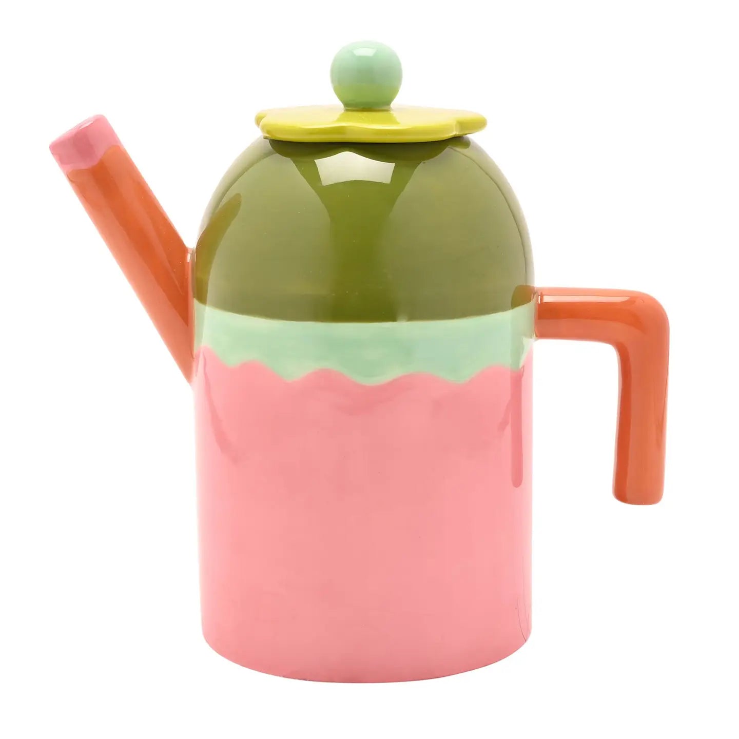 Kleurrijke theepot met bloemdeksel. Keramiek. Roze, groen, mint, oranje 