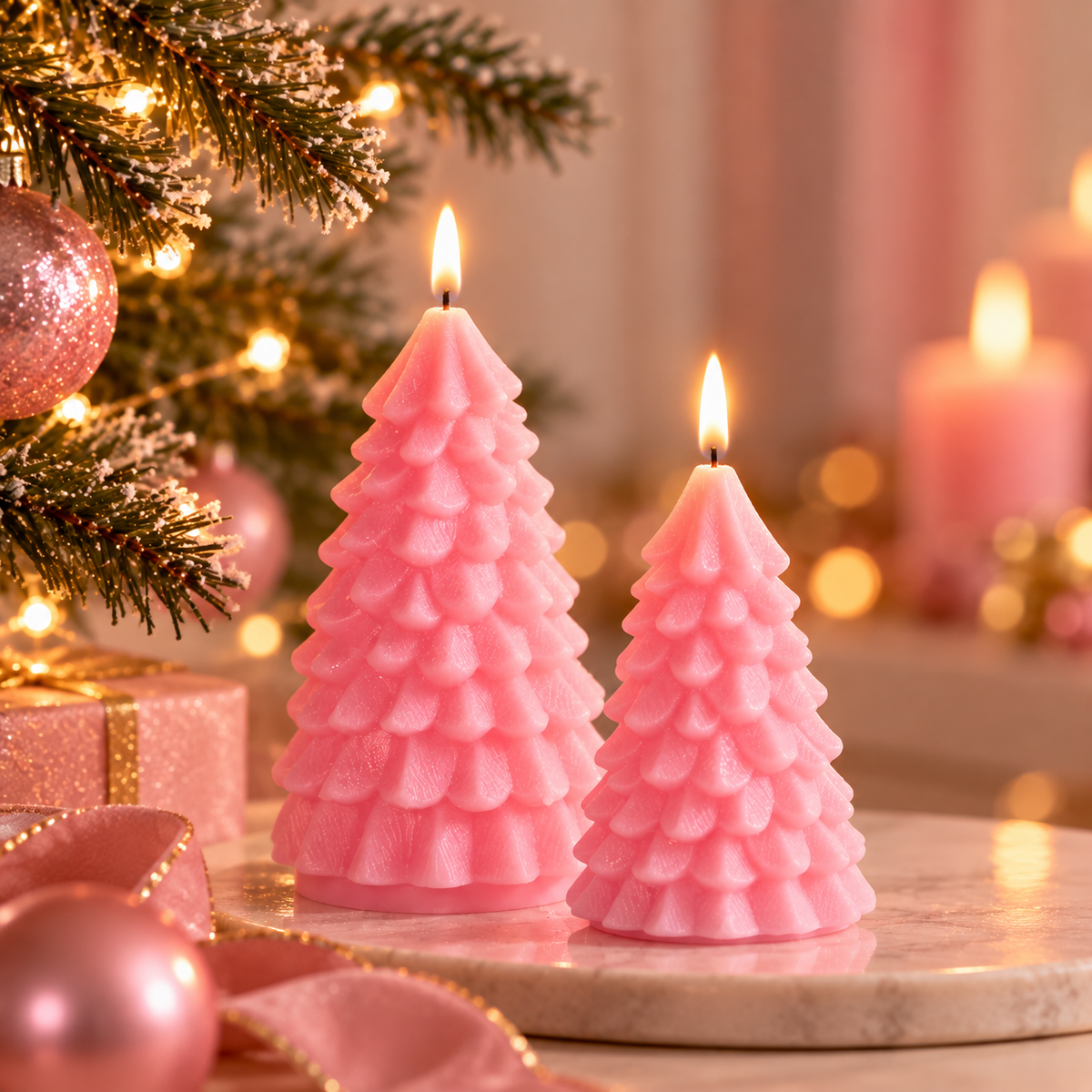 LED Kaarsen Kerstboom Roze Set van 2 | Vlamloze Kerstkaarsen met Afstandsbediening 19 en 22 cm
