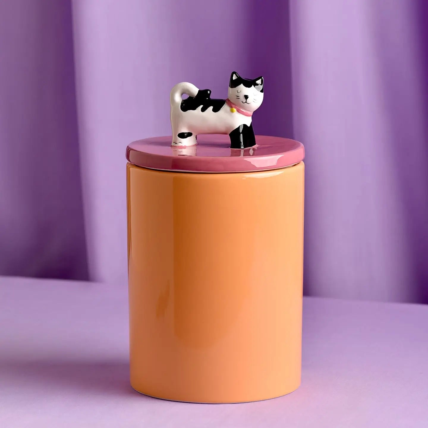 Cat treat jar. Pot voor kattensnoepjes. Oranje met roze en kat bovenop. 