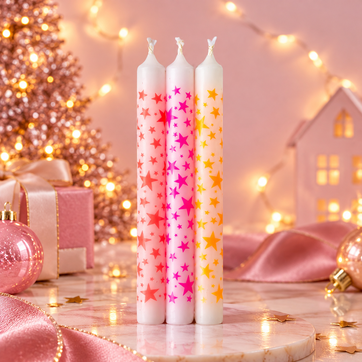 Dinerkaarsen met Neon Sterren Set van 3 | Witte Kerstkaarsen 21 cm Roze, Oranje en Geel, Druppelvrij en Vegan
