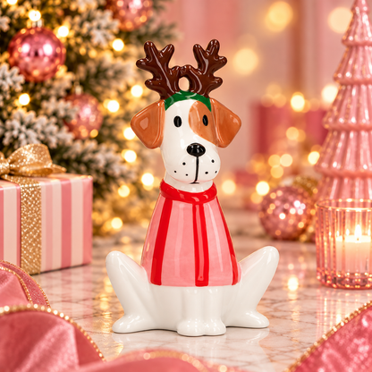 Kerst Hondje met Rendiergewei Keramiek 15 cm | Decoratief Kerstbeeld Hond in Kersttrui